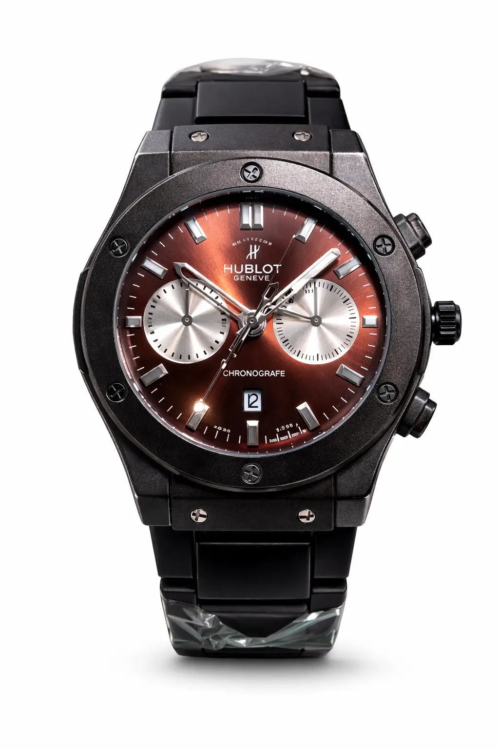 Hublot Geneve Chronograph – Black Case Brown Dial Rubber Strap