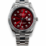 Luxury Day-Date Style Watch – Red Sunburst Dial With Diamond Markers Semi-Automatic watch