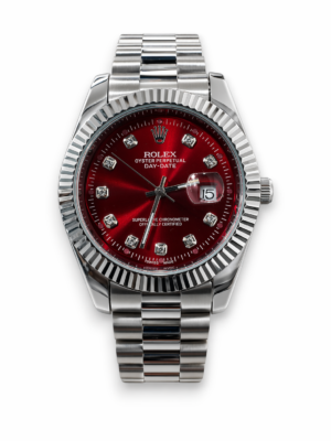 Luxury Day-Date Style Watch – Red Sunburst Dial With Diamond Markers Semi-Automatic watch