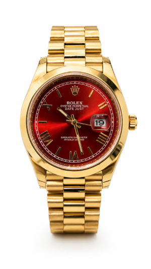 Rolex Luxury Gold Datejust Style Watch – Red Dial Stainless Steel Men’s Watch