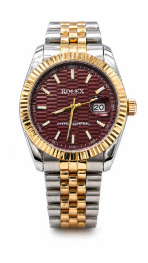 Luxury maroon dial silver gold stainless steel men watch