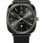 Premium black leather watch for men with black dial and stylish metal case