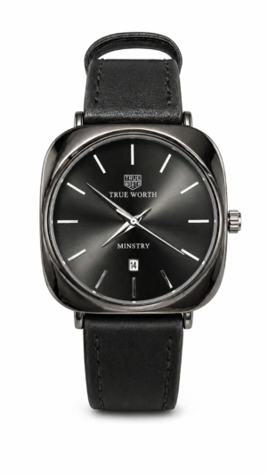 Premium black leather watch for men with black dial and stylish metal case