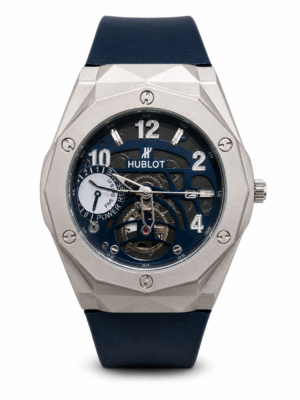 Hublot luxury skeleton watch with blue dial and titanium case