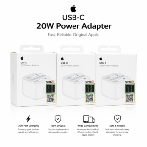 Apple 20W USB-C Power Adapter retail packaging displayed on a white background, compatible with iPhone, iPad, AirPods, and Apple Watch for fast charging.