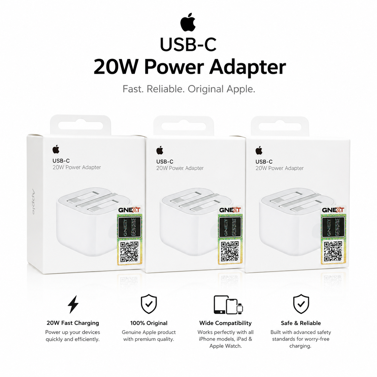 Apple 20W USB-C Power Adapter retail packaging displayed on a white background, compatible with iPhone, iPad, AirPods, and Apple Watch for fast charging.